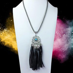 Silver Tone Pendant Real Leather Tassel Necklace